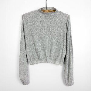 Garage Womens Cropped Rib Knit Mock Neck Sweater Heather Grey Small